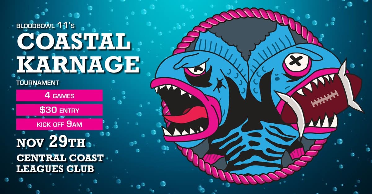 Coastal Karnage event banner with two piranhas fighting over a football
