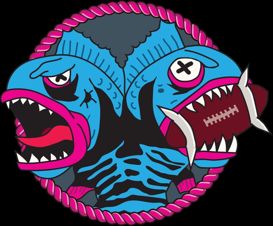 Two snarling piranhas fighting over a football inside a pink rope ring